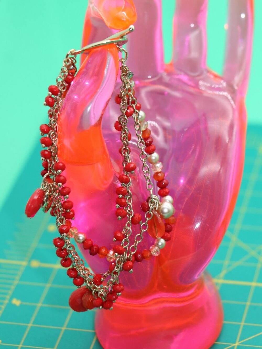 Chaps Gold Tone Multi Strand Beaded Toggle Bracelet Coral Red Orange Faux Pearl